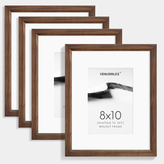 Greentek; 8x10 Picture Frame Set of 4 Natural Solid Walnut Photo Frames with 5x7 Removable Mat; Category:Picture Frame Sets; Image:1